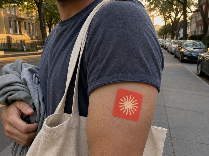 Person carrying a tote bag on a city sidewalk with a Pure Patch Energy Patch on their upper arm.