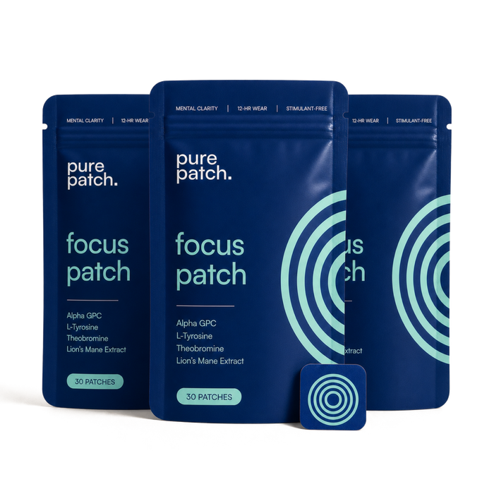 Three Pure Patch Focus Patch 30-patch pouches with one wearable patch, representing 90 patches.