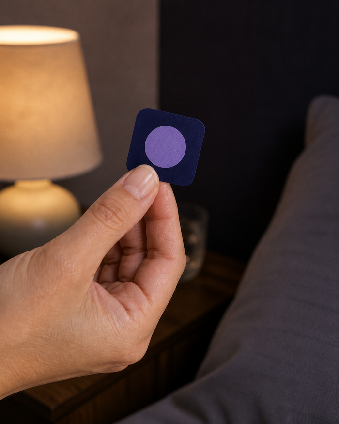 A hand holding one Pure Patch Sleep Patch beside a softly lit nightstand