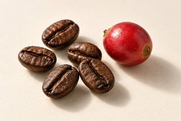 Coffee beans and a red coffee cherry on ivory, illustrating Caffeine.