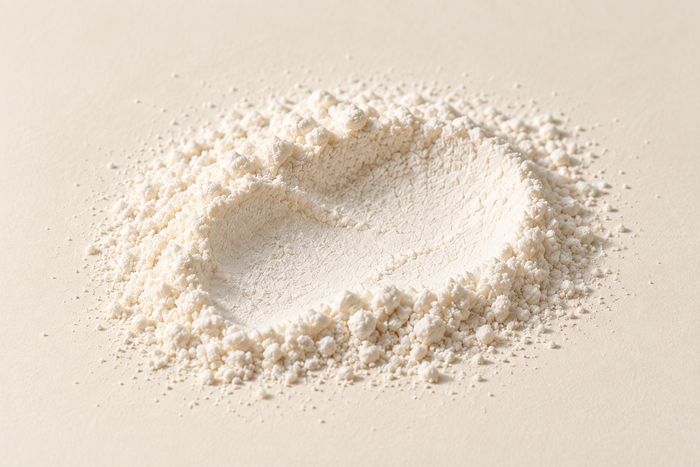 Fine white powder with a shallow hollow on ivory, illustrating Alpha GPC.