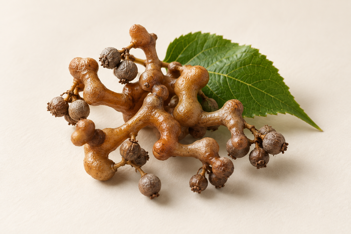Japanese raisin tree fruit stalks and a leaf on ivory, illustrating DHM.