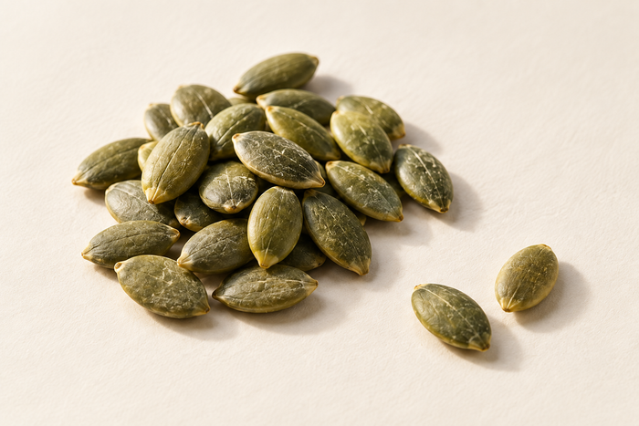 Pumpkin seeds on ivory, illustrating Magnesium Glycinate.