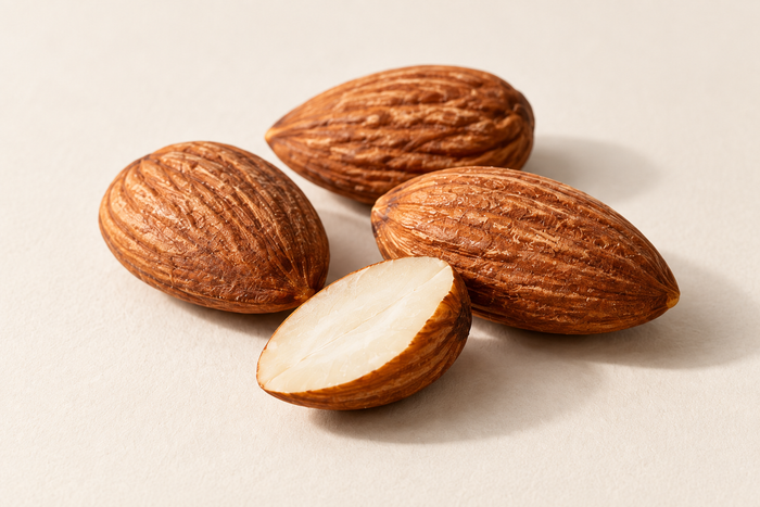 Whole and halved almonds on ivory, illustrating L-Tyrosine.