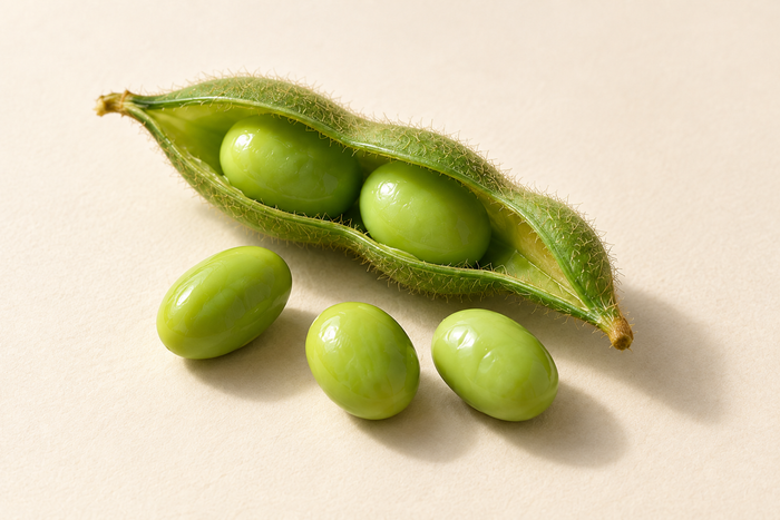 An open edamame pod and soybeans on ivory, illustrating L-Leucine.