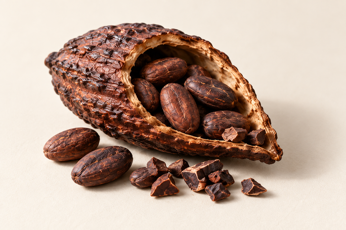 A cacao pod, beans and nibs on ivory, illustrating Theobromine.