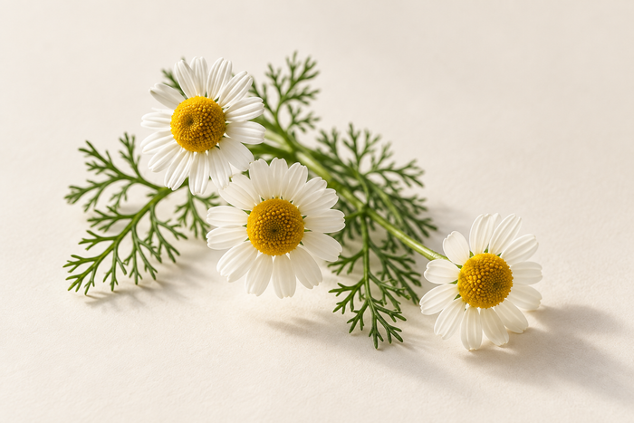 Chamomile flowers on ivory, illustrating Apigenin.