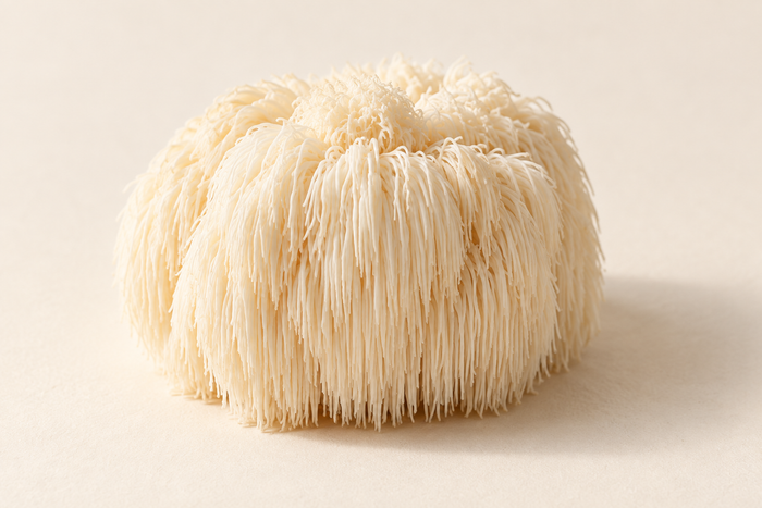 A lion's mane mushroom on ivory, illustrating Lion’s Mane Extract.