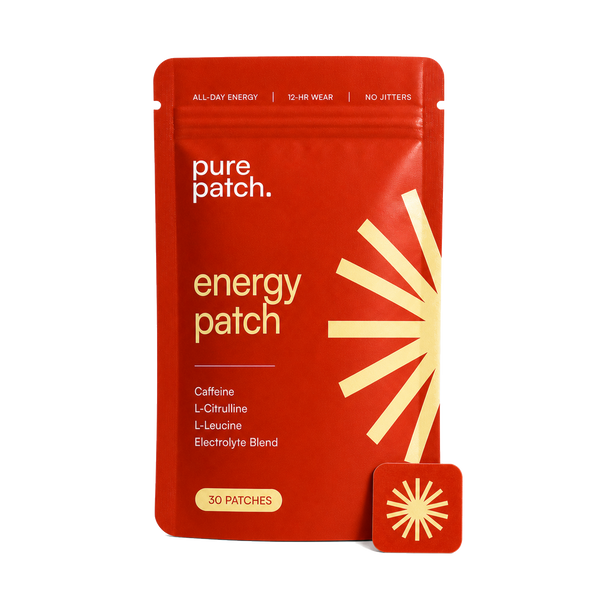 Pure Patch Energy Patch 30-patch pouch and a wearable Energy Patch.