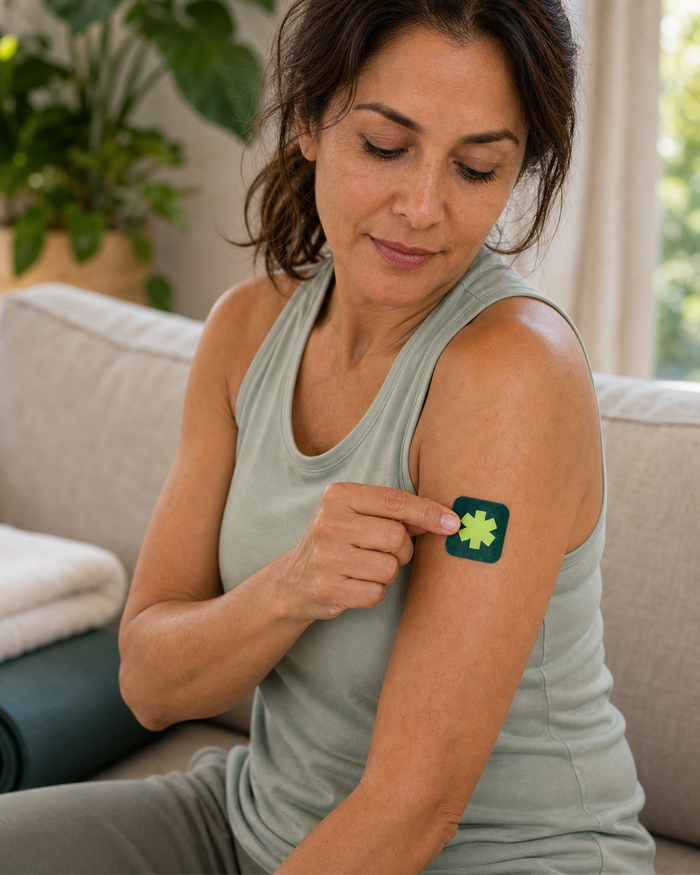 The same woman placing a Recovery Patch on her left upper arm