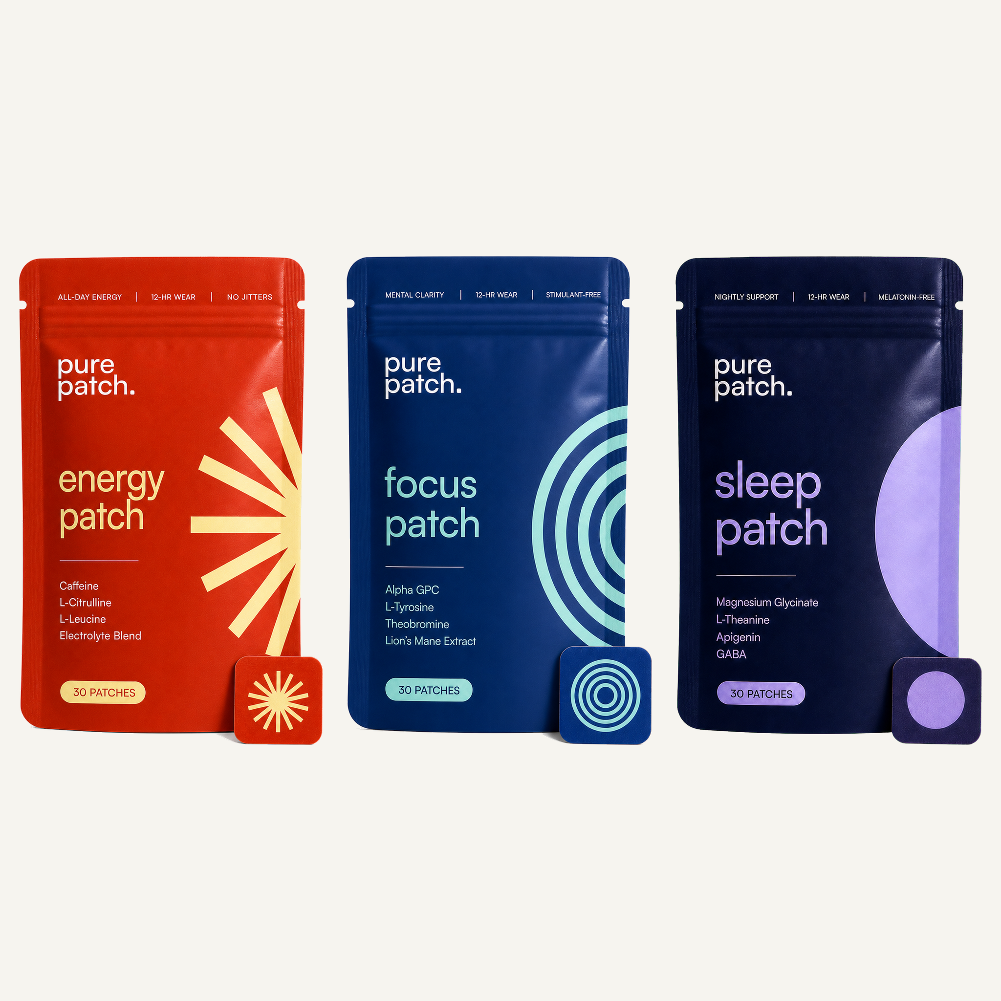 Pure Patch Daily Performance Trio with Energy, Focus, and Sleep Patch pouches
