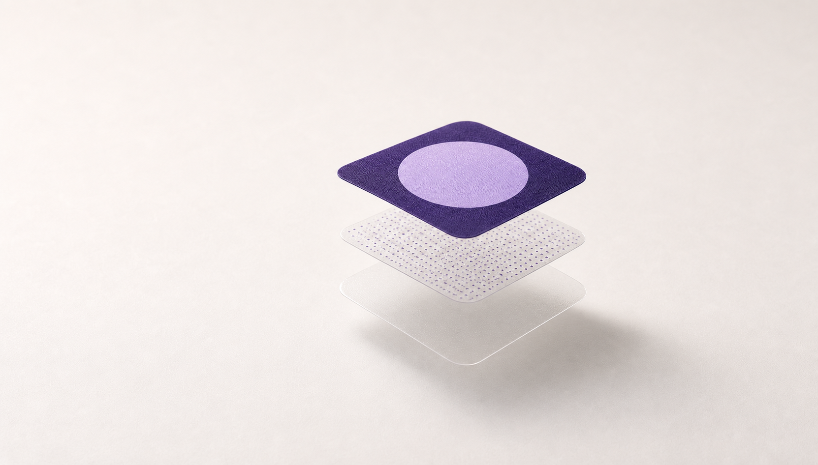 Exploded view of a Pure Patch Sleep Patch showing its protective backing, ingredient core and adhesive layer