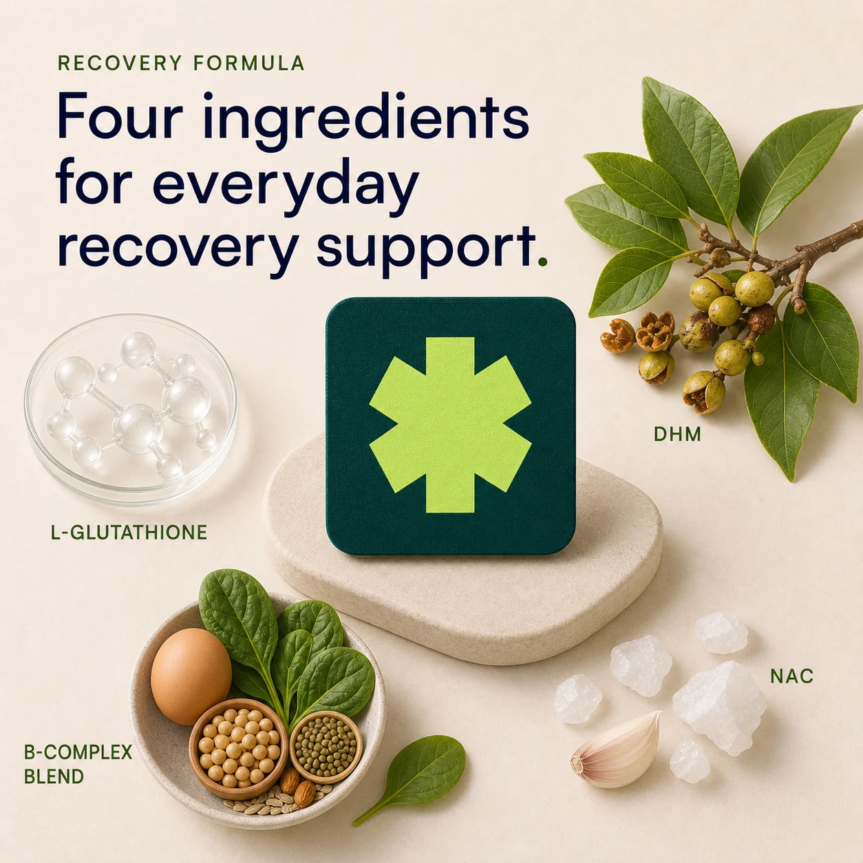 Pure Patch Recovery Patch formula illustration featuring glutathione, NAC, DHM and B-complex.