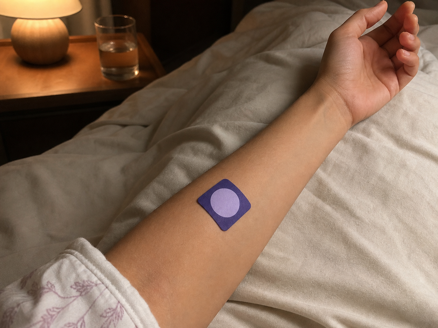 Pure Patch Sleep Patch on a forearm resting on bed linen beside a bedside lamp.